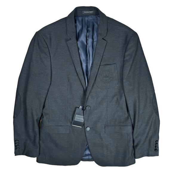 Zara Man (40) Premium Collection Sport Coat Blazer Elbow Patches Crest Pocket - Picture 9 of 16